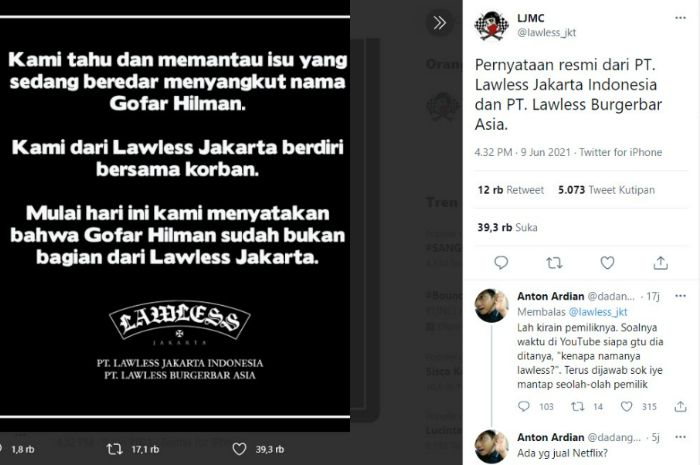 PT Lawless Jakarta Indonesai dan PT Lawless Burgerbar Asia mendepak Gofar Hilman, buntut dari kasus dugaan pelecehan seksual.*