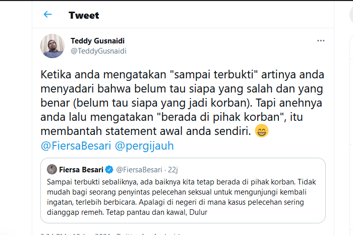 Teddy Gusnaidi mengaku heran dengan pernyataan Fiersa Besari yang menanggapi kasus dugaan pelecehan seksual yang menyeret Gofar Hilman.*