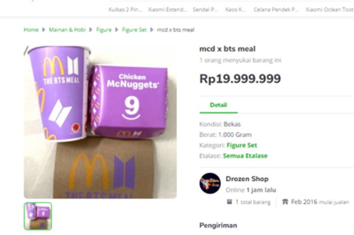 Foto hasil tangkapan layar dari seller Tokopedia yang menjual satu set bungkus BTS Meal. 