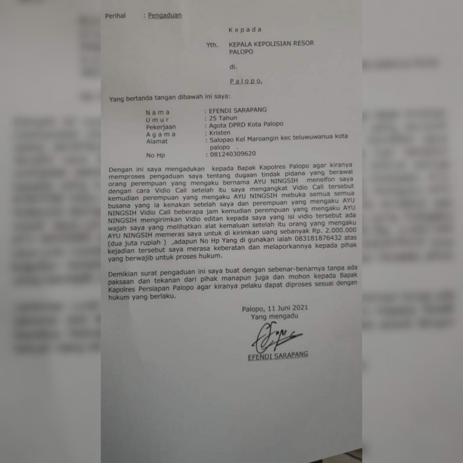 Laporan Polisi Effendi Sarapang Anggota DPRD Palopo 