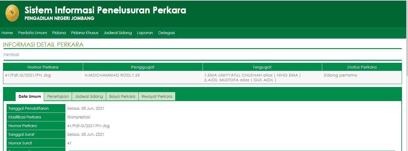 Tangkapan layar SIPP PN Jombang. Perkara Ema Umiyyatul Chusna, Putri Bupati Jombang 'Ning Ema' Digugat Rp2,65 Miliar