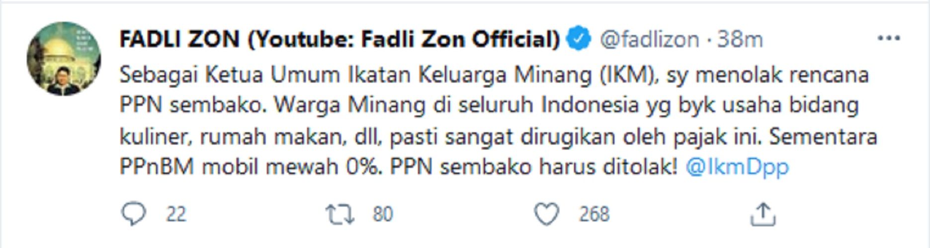 Banyak Warga Minang Usaha Kuliner, Fadli Zon sebagai Ketua IKM Menolak Pajak Sembako
