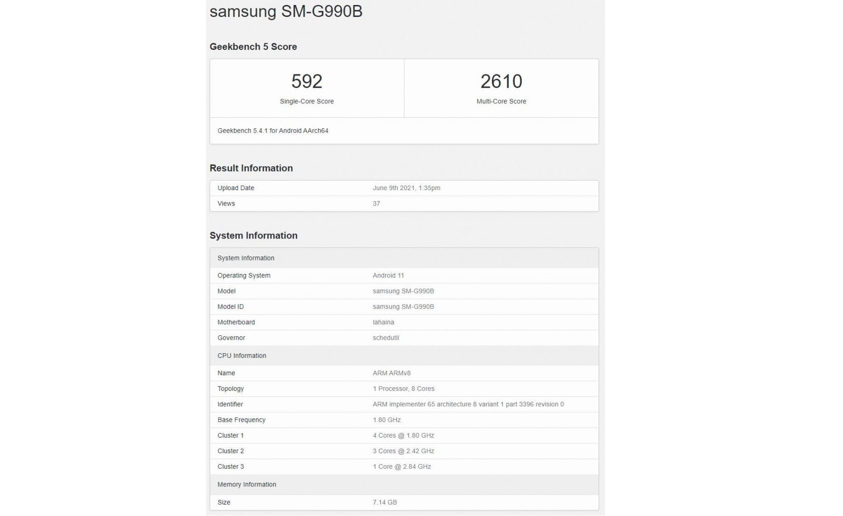 Hasil tes Geekbench dari smartphone Samsung galaxy S21 FE.