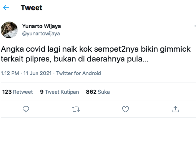Cuitan Pengamat Politik, Yunarto Wijaya  yang heran dengan Anies Baswedan yang malah asyik bermanuver terkait Pilpres 2024 saat DKI Jakarta mengalami lonjakan kasus Covid-19.