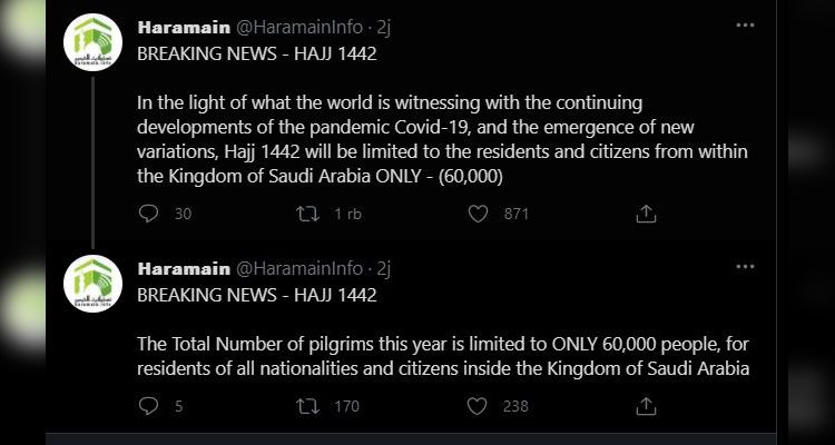 Breaking News! Haji 2021 Dibatasi Hanya untuk 60 Ribu Jemaah di Arab Saudi/ Tangkapan layar @haramaininfo