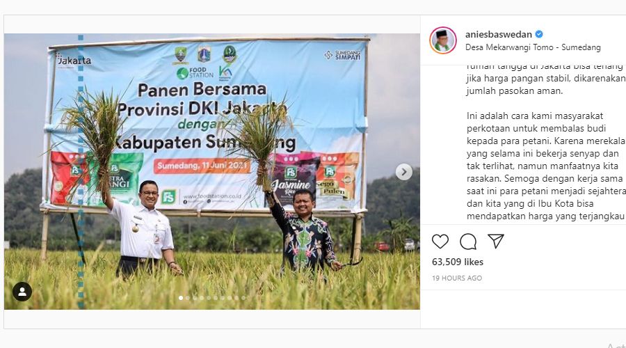 tangkapan layar unggahan Instagram Anies Baswedan saat kunjungan ke Sumedang