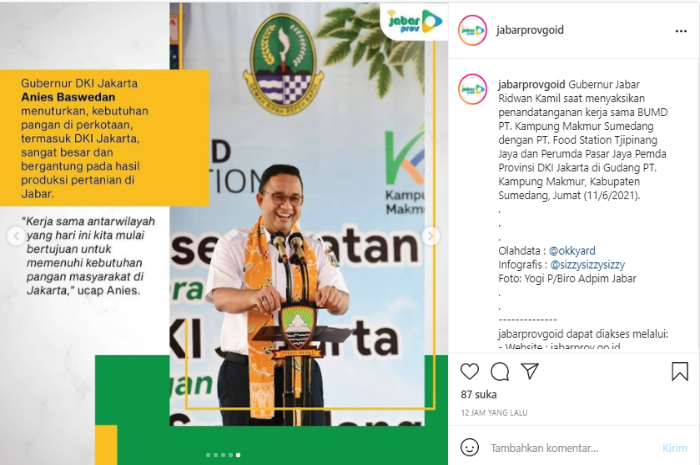 Gubernur DKI Jakarta Anies Baswedan saat melakukan kunjungan bahas kerja sama bersaam Gubernur Jawa Barat Ridwan Kamil.