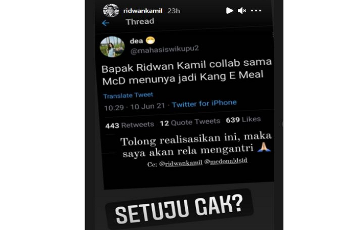 Gubernur Jawa Barat Ridwan Kamil menanggapi cuitan akun Twitter @mahasiswikupu2 soal kolaborasi menu 'Kang E Meal'.*