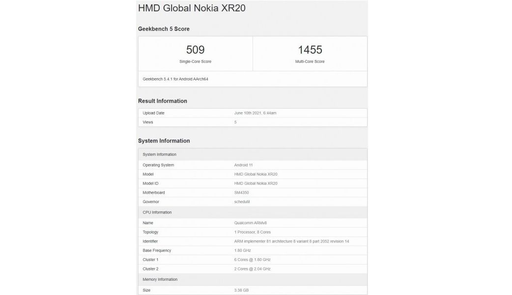 Hasil benchmark Nokia XR20 di Geekbench.
