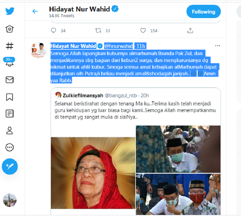 Selamat Jalan Selamanya Wakil Ketua MPR Hidayat Nur Wahid Sampaikan Kabar Duka Wafatnya Ibunda Gubernur NTB 