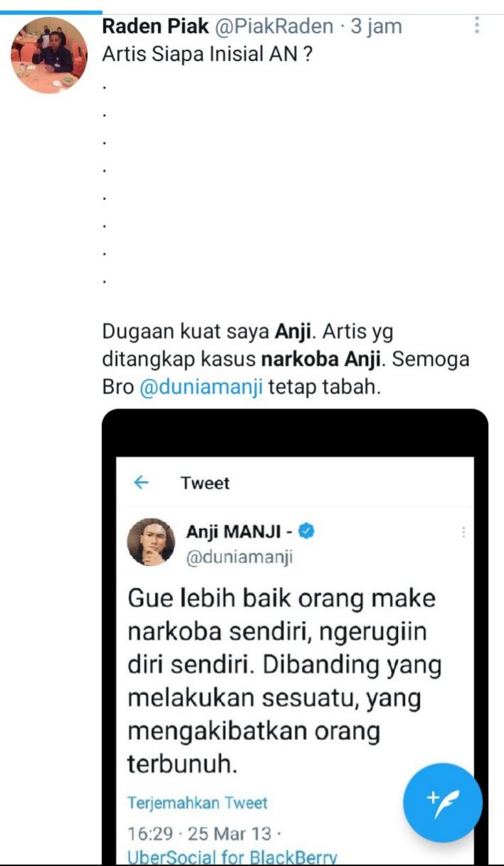 Tangkapan layar postingan netizen @PiakRaden terkait tweet Anji eks Drive di akun twitternya @duniamanji pada tahun 2013 lalu.