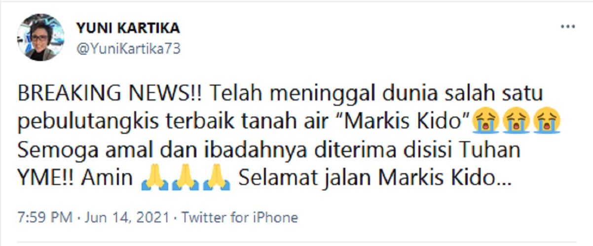 Cuitan Yuni Kartika yang mengumumkan bahwa Markis Kido meninggal dunia.
