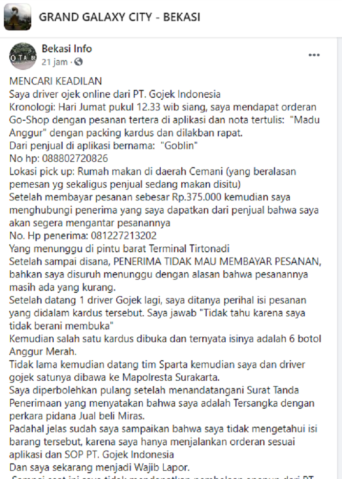 Tangkapan layar unggahan Facebook Bekasi Info.