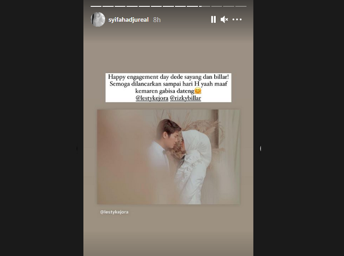 Tangkap layar Instagram, Syifa Hadju meminta maaf karena tak bisa hadir di acara lamaran Rizky Billar dan Lesti Kejora.