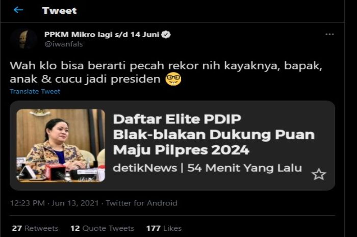 Cuitan Iwan Fals menanggapi dukungan untuk Puan Maharani maju di Pilpres 2024.