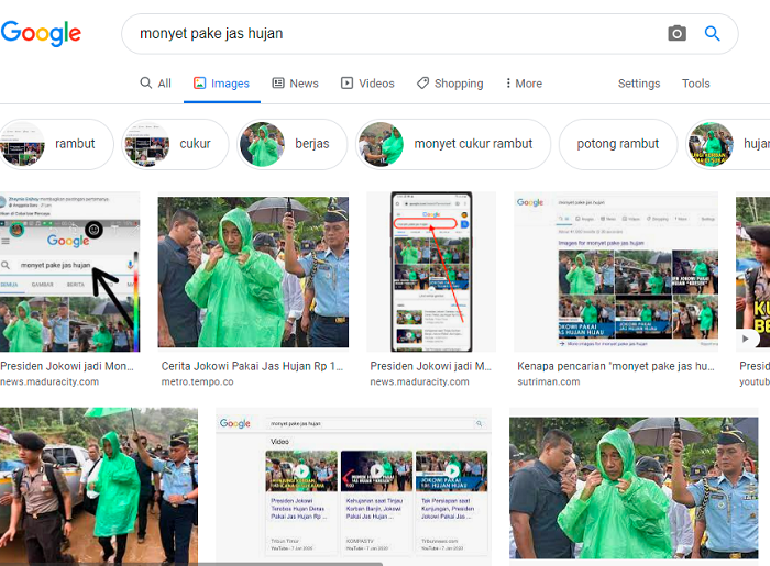 Viral ketik 'Monyet Pake Jas Hujan', 'Monyet Cukur Rambut', 'Udang Naik Motor' dan 'Monyet Blusukan' di hasil pencarian Google Images keluar gambar Jokowi.