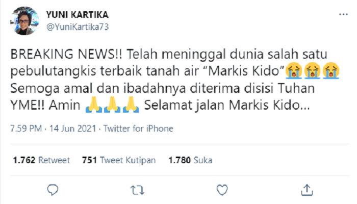 Mantan Humas PBSI, Yuni Kartika mengabarkan bahwa mantan pebulutangkis ganda putra Markis Kido meninggal dunia.
