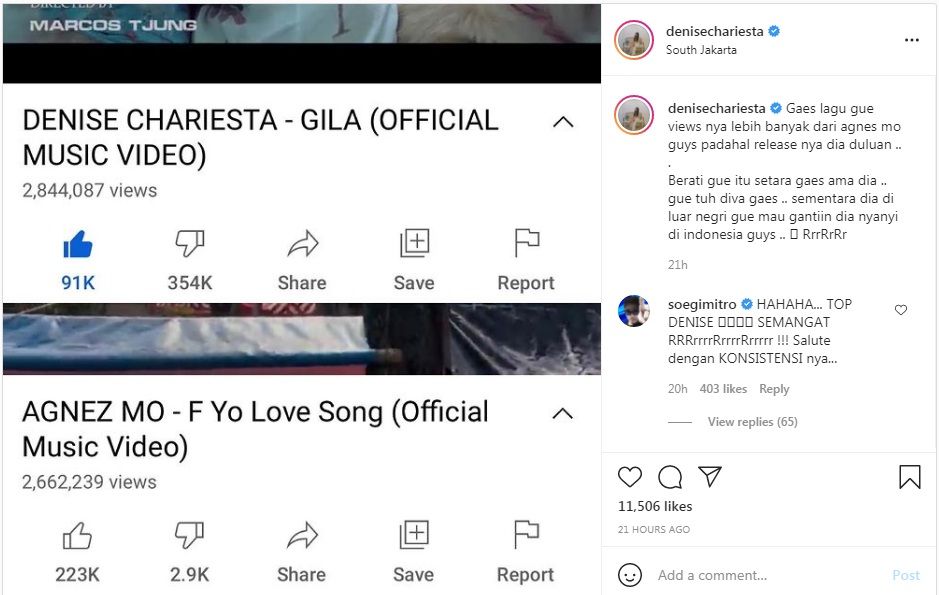 Tangkapan layar unggahan Denise Chariesta memamerkan jumlah views Gila lebih banyak dari F Yo Love Song. | INSTAGRAM/denisechariesta