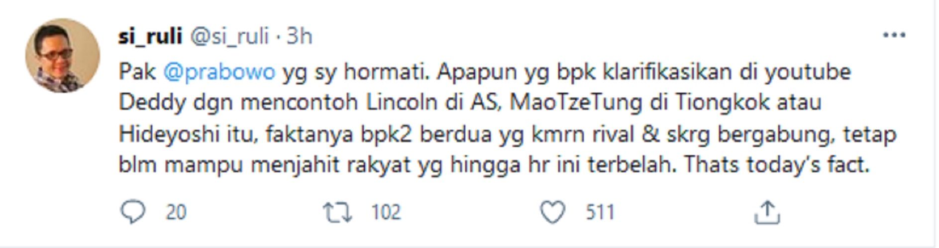 Kader Demokrat: Pak Prabowo klarifikasinya di Youtube Deddy Corbuzier Tak Mampu Jahit Rakyat yang Terbelah