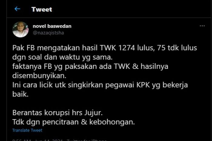Cuitan Novel Baswedan soal Firli Bahuri.