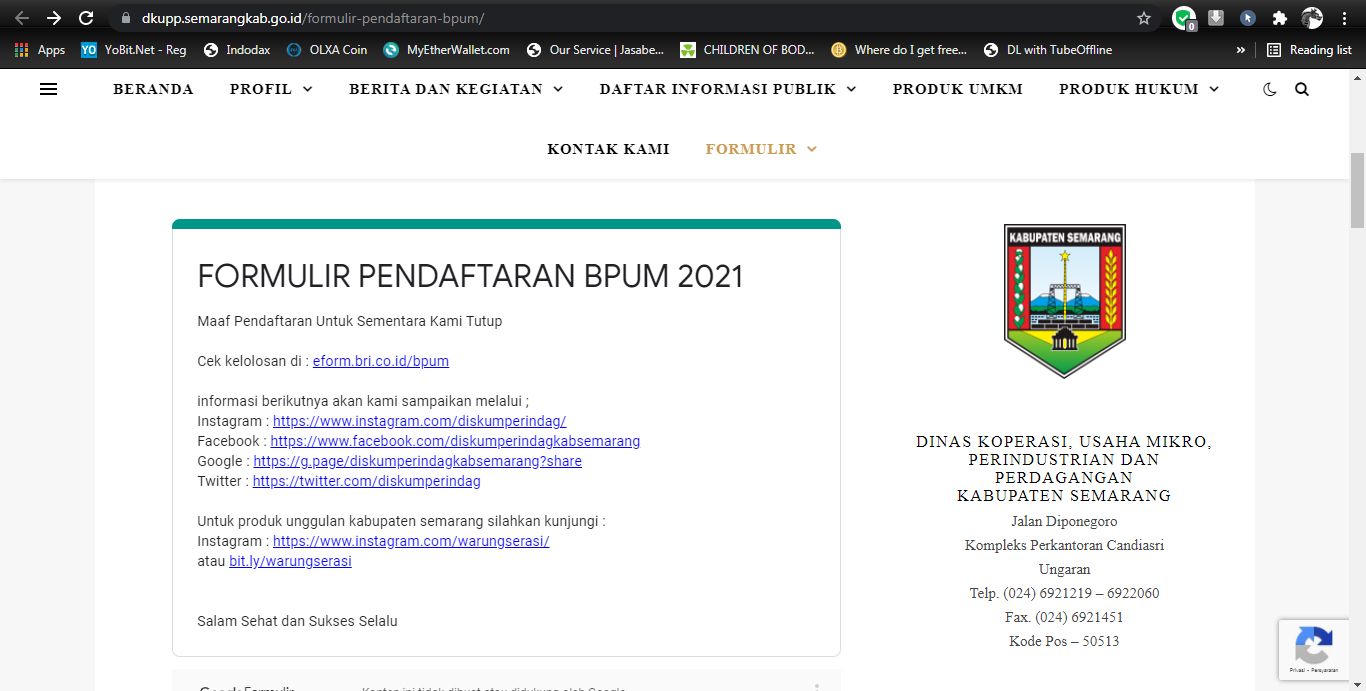 Tangkapan layar informasi penutupan pendaftaran UMKM Semarang melalui https://dkupp.semarangkab.go.id/formulir-pendaftaran-bpum/