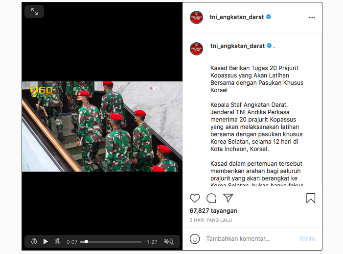 Postingan Instagram TNI AD.*