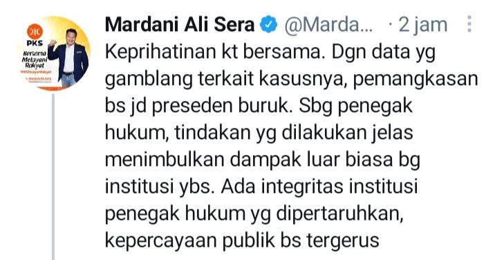Tweet Mardani Ali Sera terkait pengurangan vonis hukuman Jaksa Pinangki