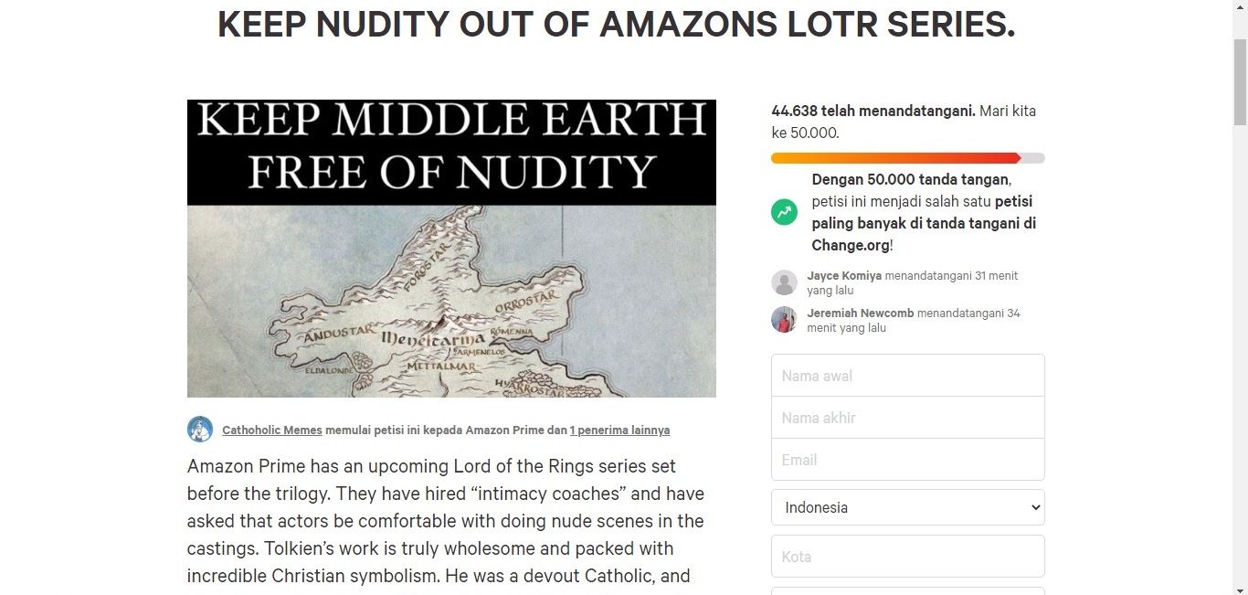 Petisi menolak adegan dewasa dalam serial The Lord of the Rings