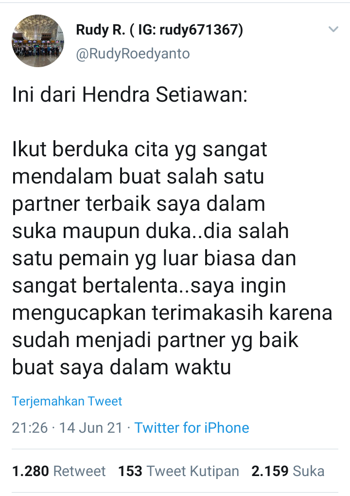 Ucapan duka dari Hendra Setiawan atas meninggalnya Markis Kido melalui akun @RudyRoedyanto.