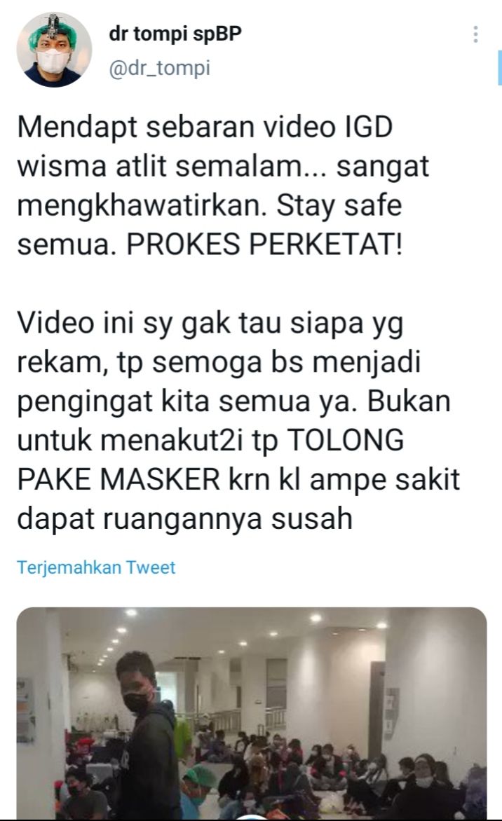 Tweet dr Tompi terkait video membludak pasien Covid-19 di Wisma Atlet Jakarta 
