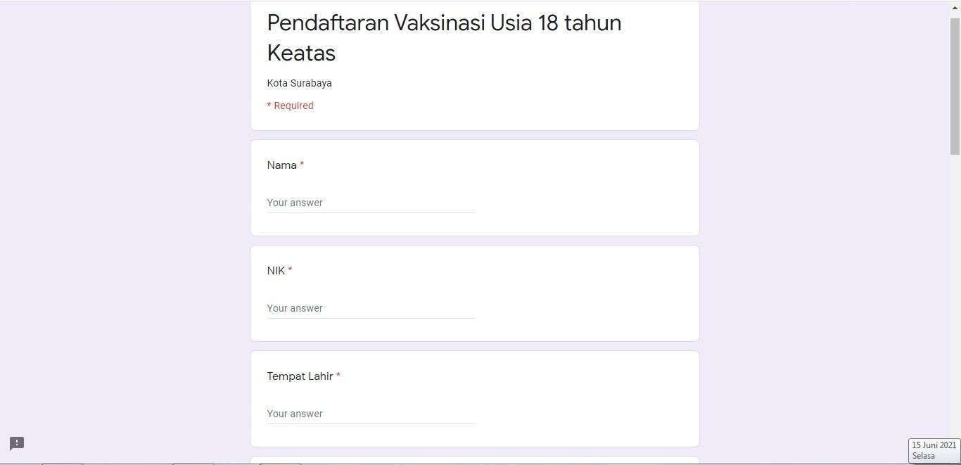 Tangkapan layar formulir Online Vaksinasi Usia 18 Tahun ke Atas. | Zona Surabaya Raya
