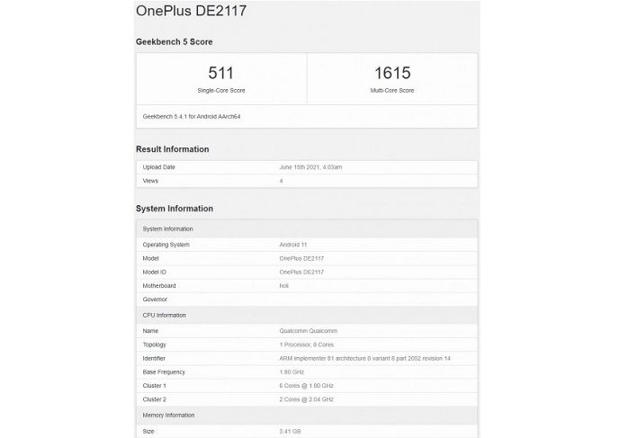 Data Geekbench dari smartphone OnePlus Nord N200.