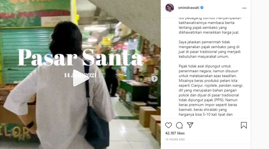 Menteri Keuangan Sri Mulyani Indrawati turun ‘blusukan’ langsung ke Pasar Santa di Kebayoran Baru, Jakarta.