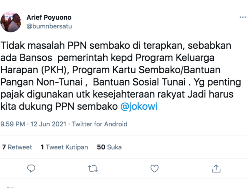 Arief Poyuono menyayangkan penolakan terhadap rencana penerapan PPN sembako yang ramai diperbicarakan.