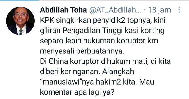 Tweet Abdillah Toha atas putusan hakim terkait pengurangan vonis hukuman Jaksa Pinangki