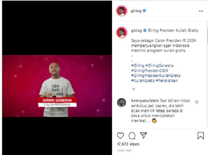 Giring Ganesha mengunggah video dan menyampaikan janji jika ia terpilih menjadi Presiden Indonesia 2024.*