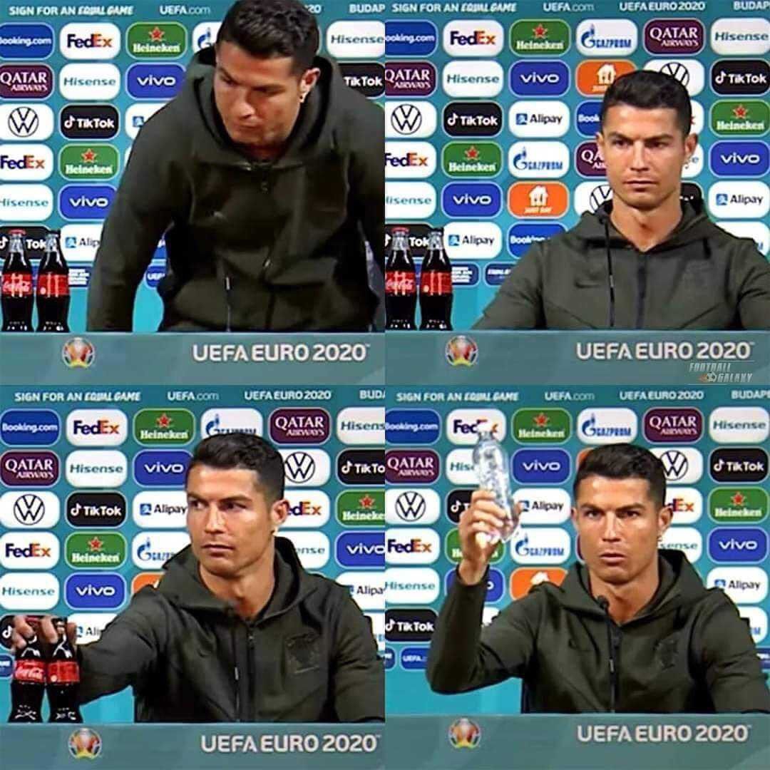Aksi Christiano Ronaldo singkirkan botol Coca-Cola saat konferensi pers Hongaria vs Portugal di Euro 2020