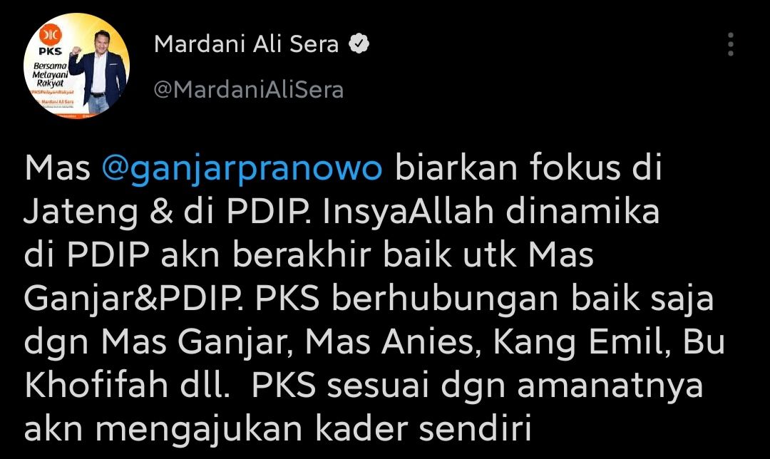 Mardani Ali sebut PKS akan mengajukan kader sendiri untuk Pilpres 2024. Hal itu menurutnya sesuai dengan amanat partai.