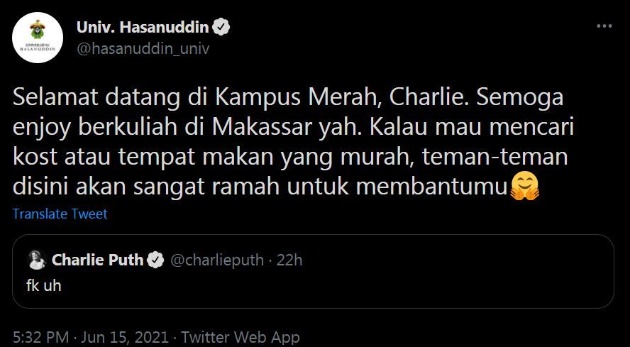 Tangkapan layar tanggapan akun resmi Universitas Hasanuddin terkait cuitan Charlie Puth
