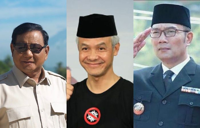 Elektabilitas Ganjar Pranowo (tengah) dan Ridwan Kamil (kanan) berhasil ungguli Prabowo Subianto (kiri) dalam survei Capres 2024 berdasarkan pilihan generasi milenial.