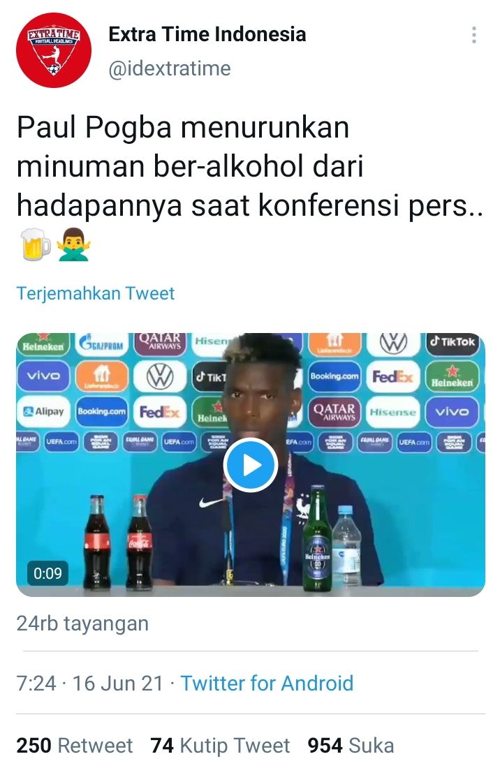 Potongan video dan tweet saat Paul Pogba turunkan salah satu botol minuman beralkohol yang jadi sponsor di Euro 2020
