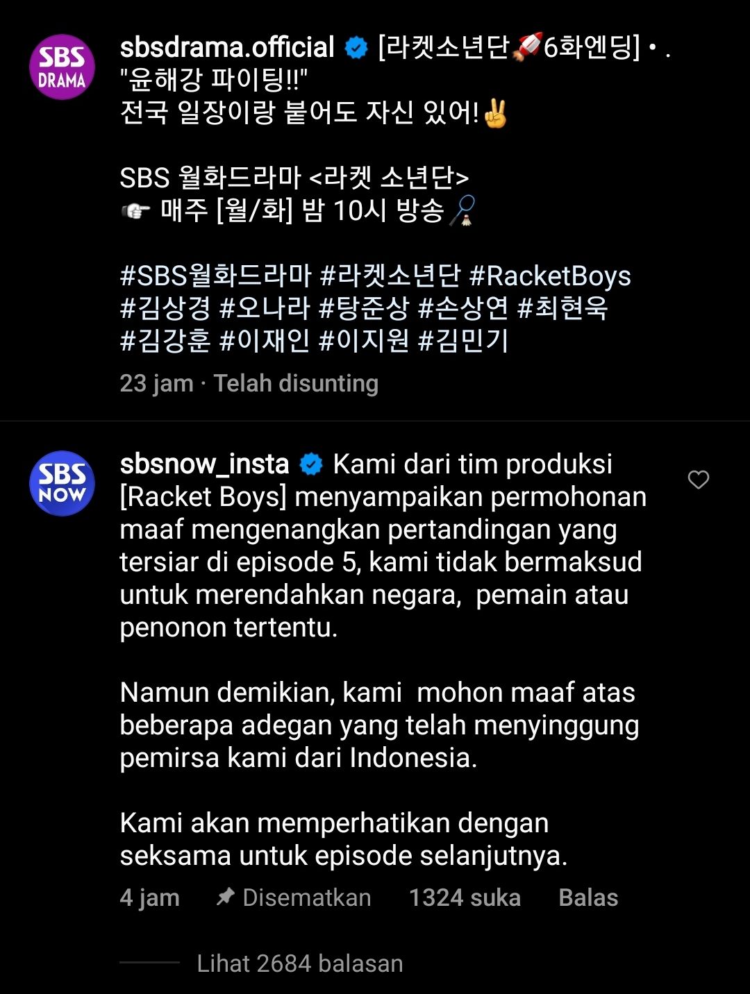 Permohonan maaf SBS terkait polemik episode lima drama Racket Boys di kolom komentar yang dihujat netizen