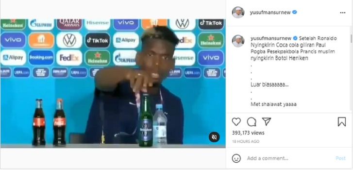 Ustaz Yusuf Mansur memuji sikap Paul Pogba yang menyingkirkan botol minuman beralkohol saat konferensi pers Euro 2021.*