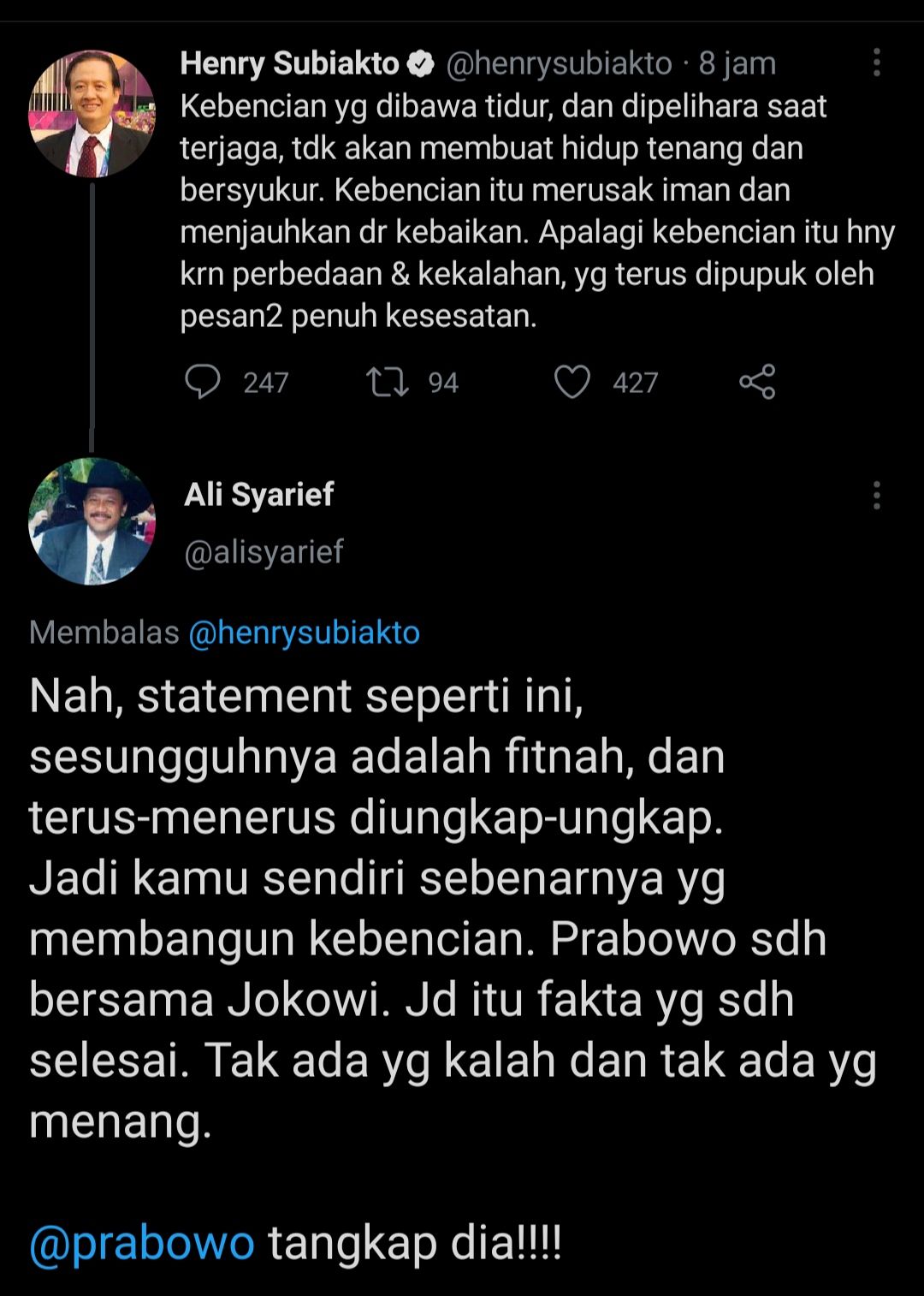 Ali Syarief menilai cuitan Henry Subiakto soal kebencian sesungguhnya adalah fitnah. Ia menilai cuitannya itu menyinggung soal Prabowo dan Jokowi.