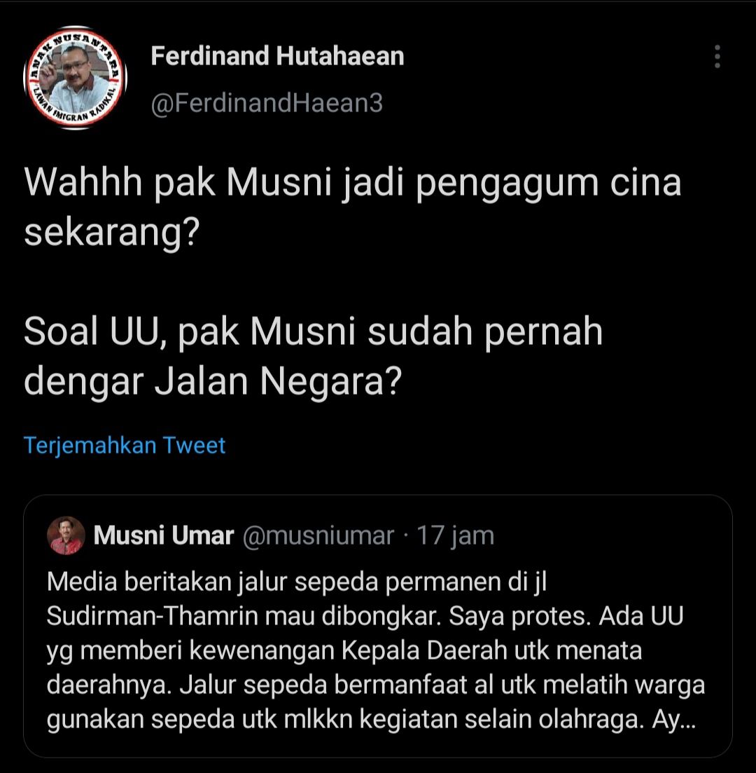 Ferdinand Hutahaean respons pernyataan Musni Umar terkait jalur sepeda permanen di Jalan Sudirman-Thamrin yang direncanakan akan dibongkar.