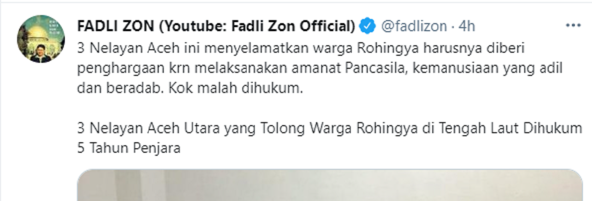 Cuitan Fadli Zon soal hukuman untuk nelayan Aceh setelah menyelamatkan pengungsi Rohingya.