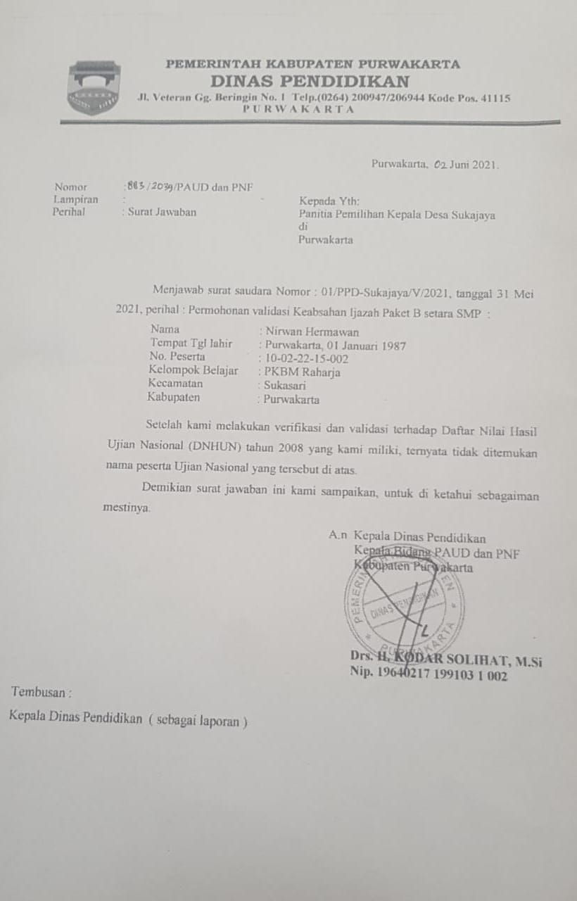 Surat jawaban Disdik Purwakarta terkait validasi keabsahan ijazah calon kades Desa Sukajaya Sukatani.