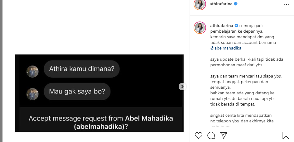 Tangkapan layar pesan DM Abel kepada Athira