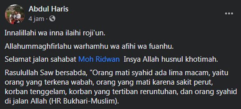 Abdul Haris Ucapkan Duka Cita untuk Muhammad Ridwan