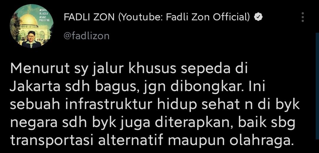 Fadli Zon nyatakan tegas menolak rencana pembongkaran jalur sepeda permanen di Jalan Sudirman-Thamrin, Jakarta Pusat.